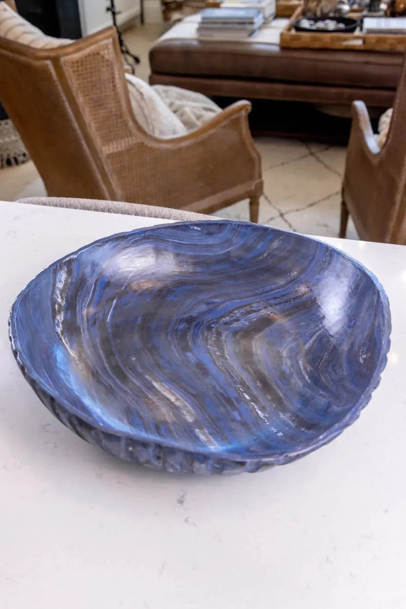 XXL Beautiful Warped Porcelain Nerikomi Fluted Bowl (Blue, White & Black Series) - Dan Pearce Ceramics