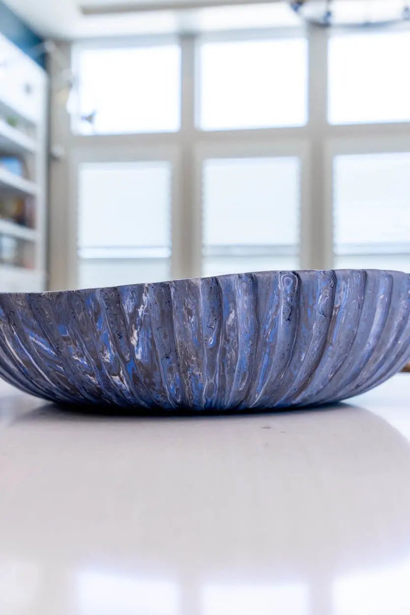 XXL Beautiful Warped Porcelain Nerikomi Fluted Bowl (Blue, White & Black Series) - Dan Pearce Ceramics