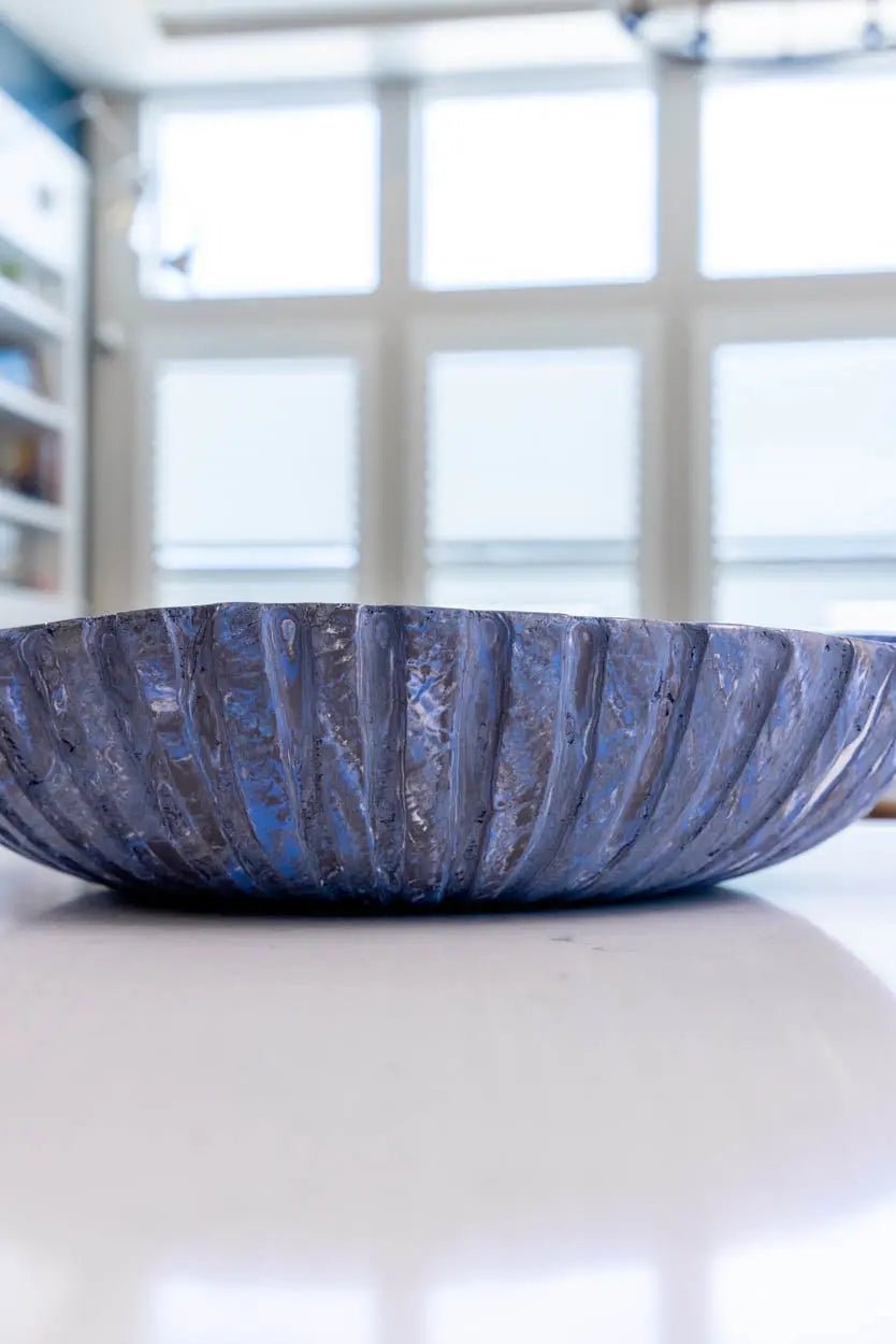 XXL Beautiful Warped Porcelain Nerikomi Fluted Bowl (Blue, White & Black Series) - Dan Pearce Ceramics