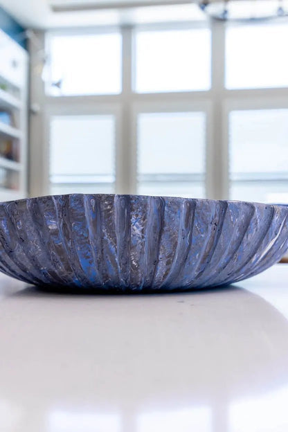 XXL Beautiful Warped Porcelain Nerikomi Fluted Bowl (Blue, White & Black Series) - Dan Pearce Ceramics