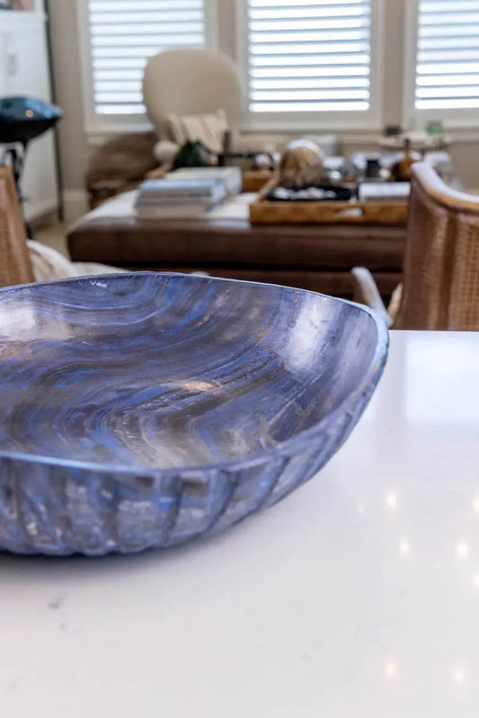 XXL Beautiful Warped Porcelain Nerikomi Fluted Bowl (Blue, White & Black Series) - Dan Pearce Ceramics