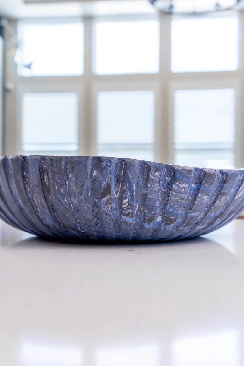 XXL Beautiful Warped Porcelain Nerikomi Fluted Bowl (Blue, White & Black Series) - Dan Pearce Ceramics