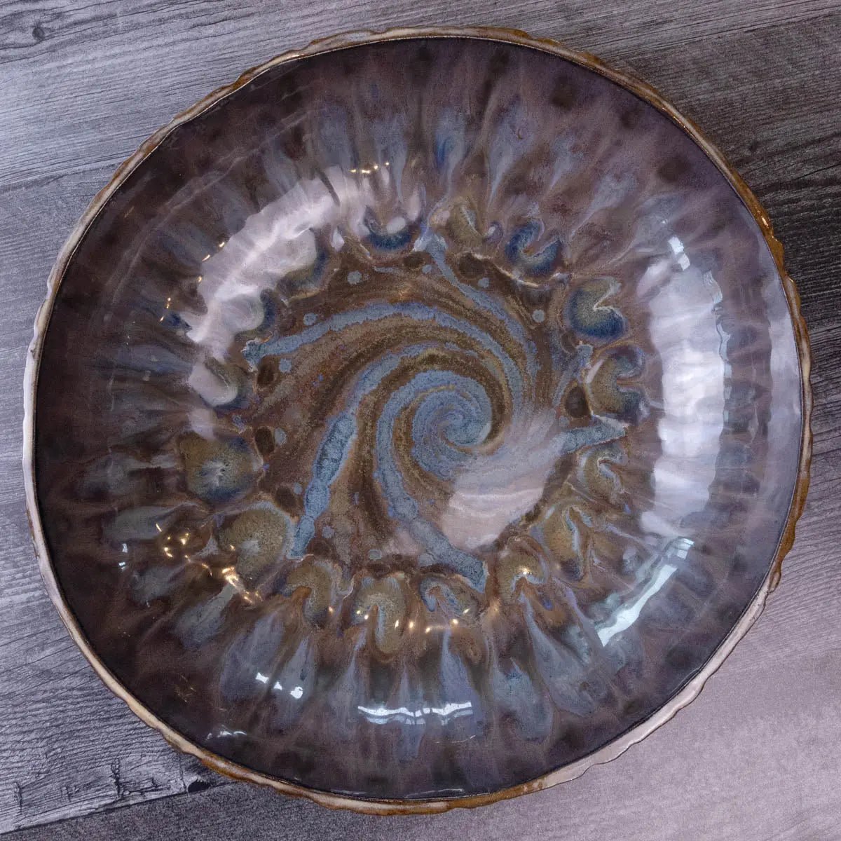 XXL Black Stoneware Serving/Decorative Bowl - Dark Blues & Tans with Swirl (Alchemy Collection) - Dan Pearce Ceramics