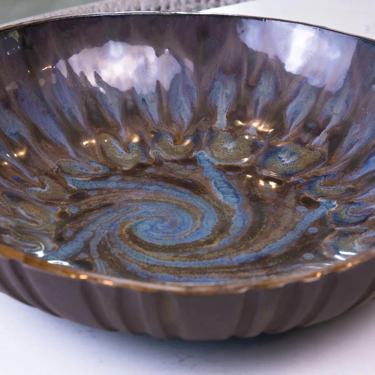 XXL Black Stoneware Serving/Decorative Bowl - Dark Blues & Tans with Swirl (Alchemy Collection) - Dan Pearce Ceramics