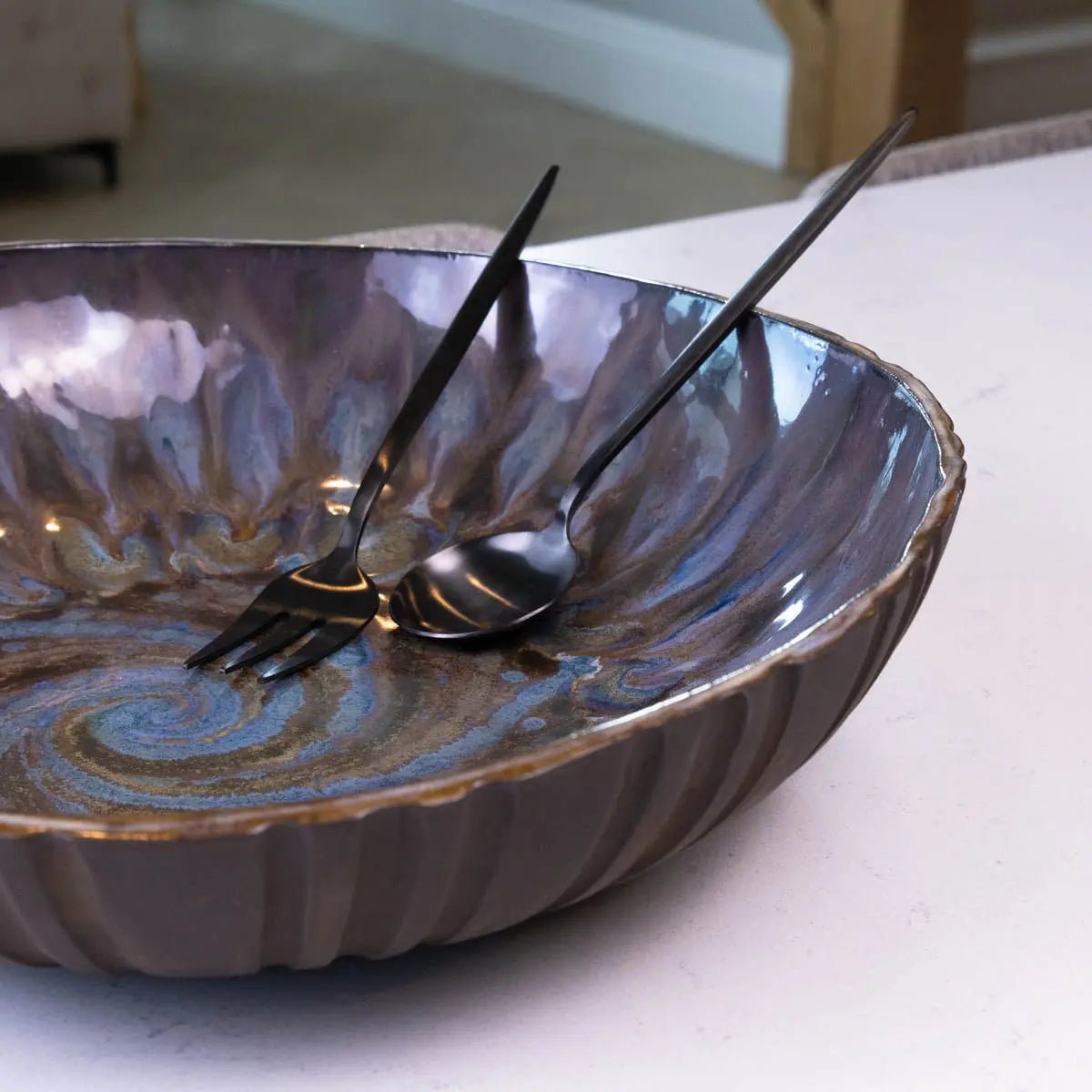 XXL Black Stoneware Serving/Decorative Bowl - Dark Blues & Tans with Swirl (Alchemy Collection) - Dan Pearce Ceramics