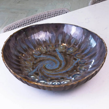 XXL Black Stoneware Serving/Decorative Bowl - Dark Blues & Tans with Swirl (Alchemy Collection) - Dan Pearce Ceramics