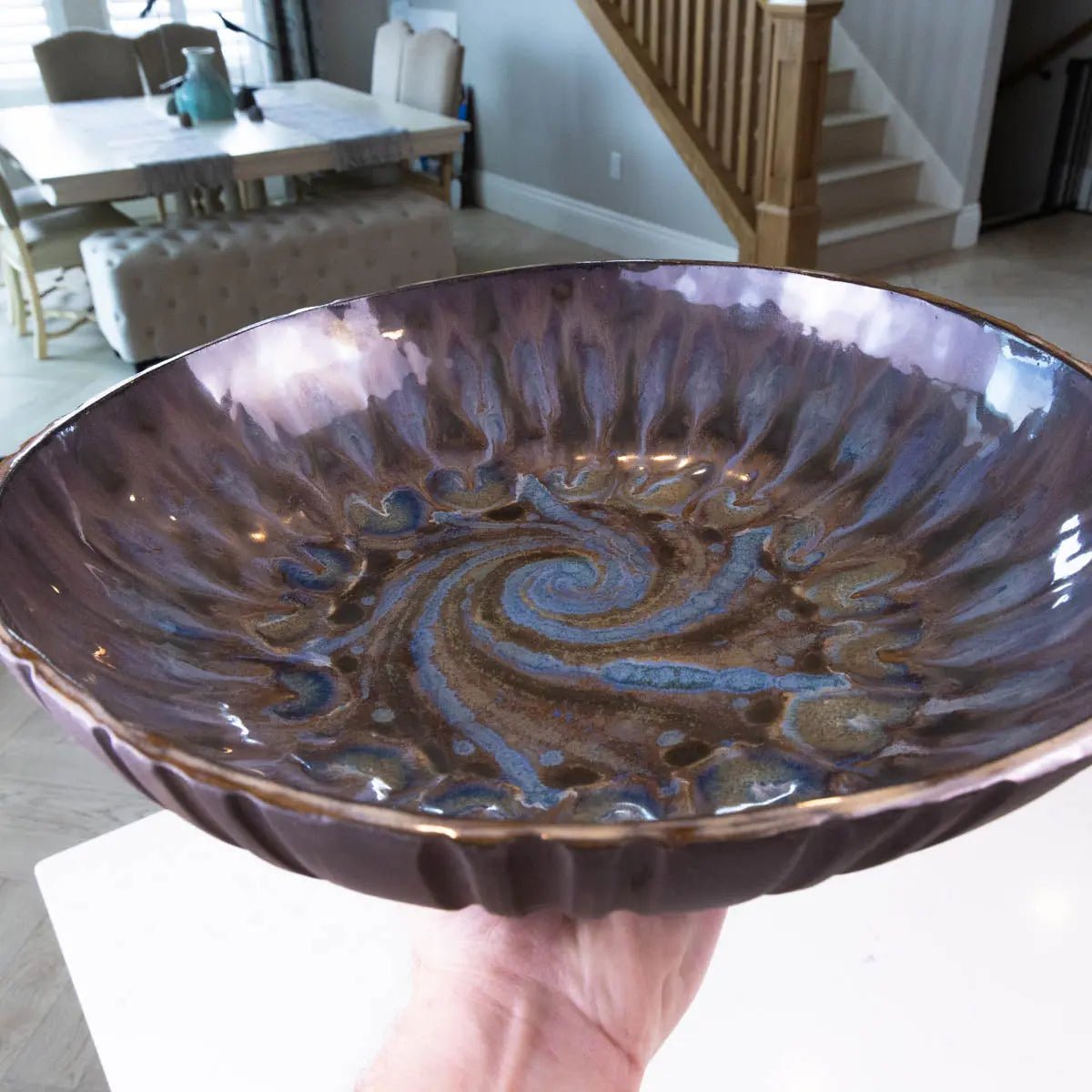 XXL Black Stoneware Serving/Decorative Bowl - Dark Blues & Tans with Swirl (Alchemy Collection) - Dan Pearce Ceramics