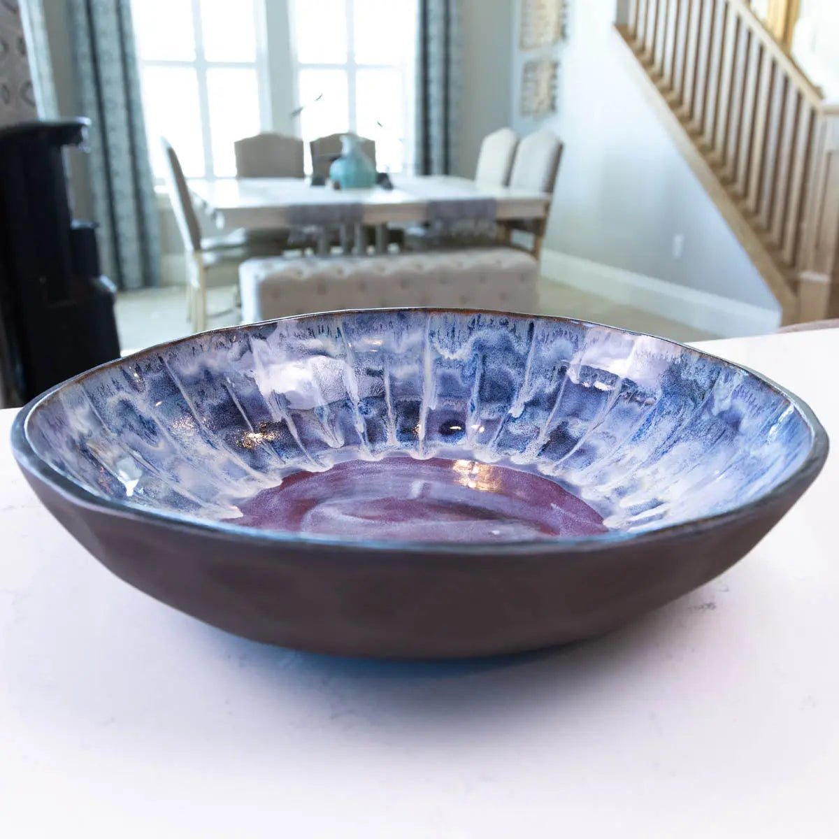 XXL Dark Chocolate Stoneware Serving/Decorative Bowl - Creams, Blues, & Burgundies (Alchemy Collection) - Dan Pearce Ceramics