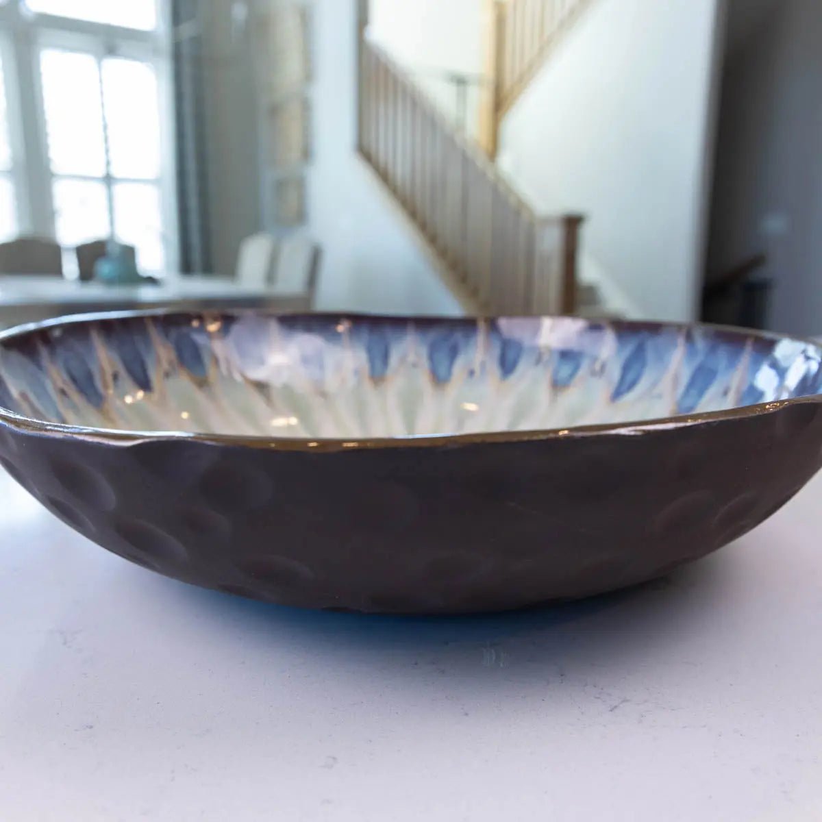 XXL Dark Chocolate Stoneware Serving/Decorative Bowl - Creams, Blues, & Greens (Alchemy Collection) - Dan Pearce Ceramics