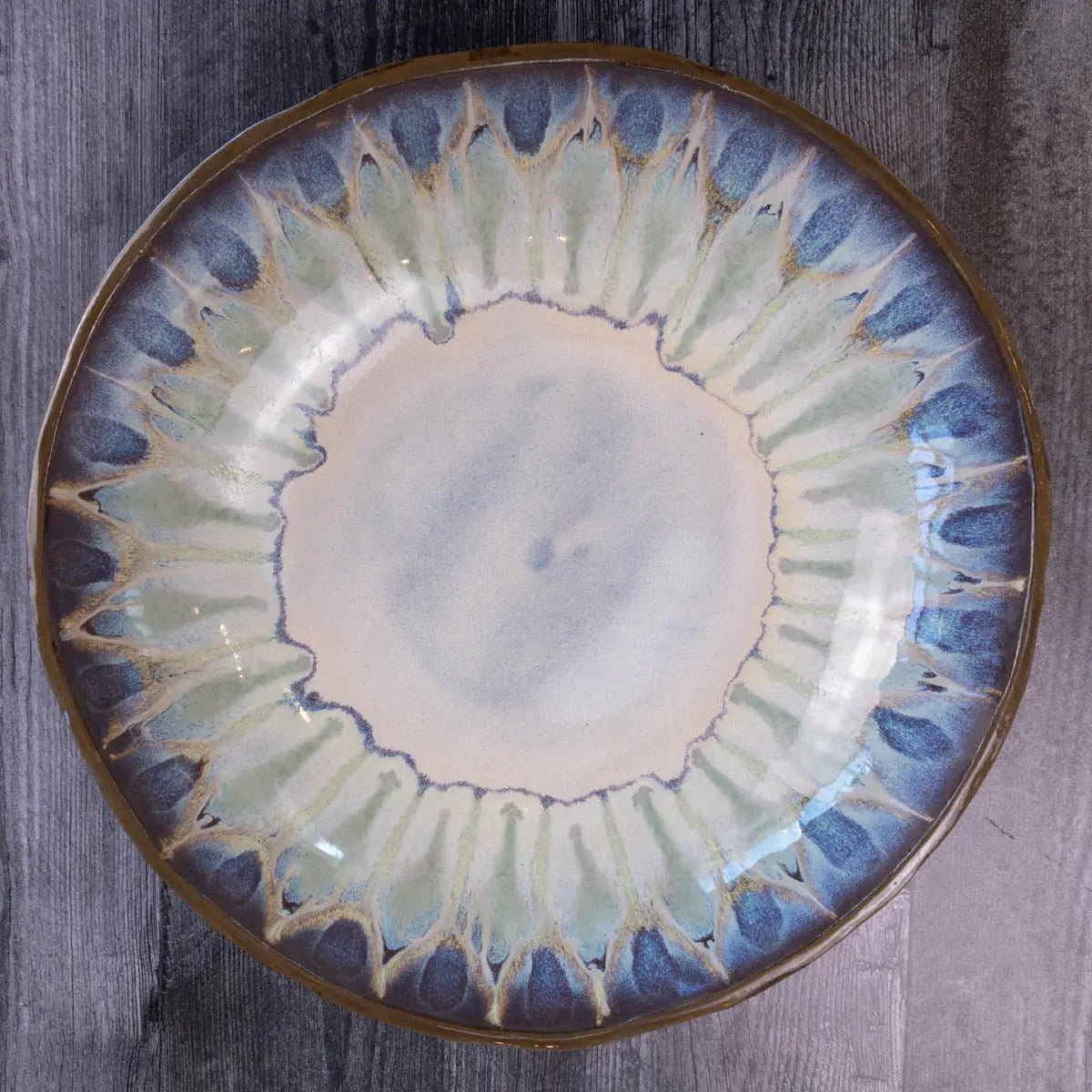 XXL Dark Chocolate Stoneware Serving/Decorative Bowl - Creams, Blues, & Greens (Alchemy Collection) - Dan Pearce Ceramics