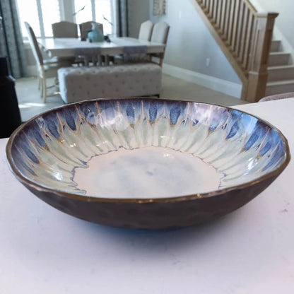 XXL Dark Chocolate Stoneware Serving/Decorative Bowl - Creams, Blues, & Greens (Alchemy Collection) - Dan Pearce Ceramics