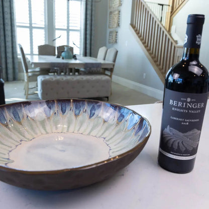 XXL Dark Chocolate Stoneware Serving/Decorative Bowl - Creams, Blues, & Greens (Alchemy Collection) - Dan Pearce Ceramics