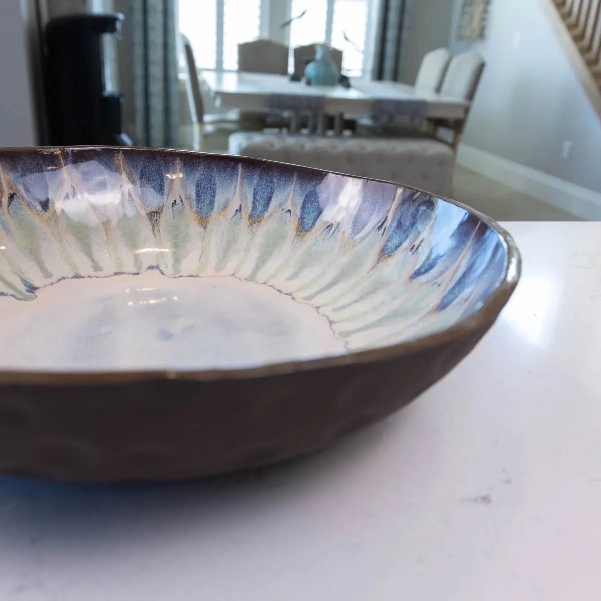 XXL Dark Chocolate Stoneware Serving/Decorative Bowl - Creams, Blues, & Greens (Alchemy Collection) - Dan Pearce Ceramics