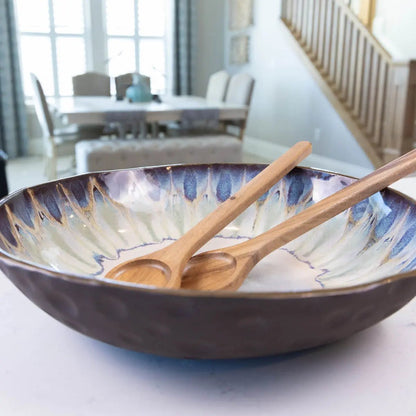 XXL Dark Chocolate Stoneware Serving/Decorative Bowl - Creams, Blues, & Greens (Alchemy Collection) - Dan Pearce Ceramics