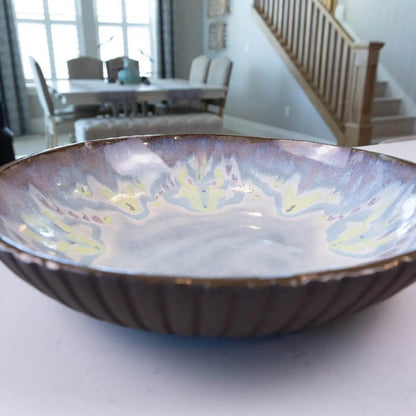 XXL Dark Chocolate Stoneware Serving/Decorative Bowl - Greens, Blues, & Creams (Alchemy Collection) - Dan Pearce Ceramics