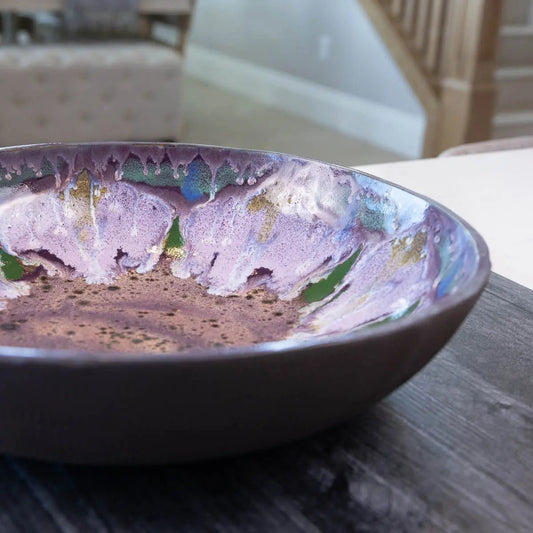 XXL Dark Chocolate Stoneware Serving/Decorative Bowl - Purple Floral Design (Alchemy Collection) - Dan Pearce Ceramics