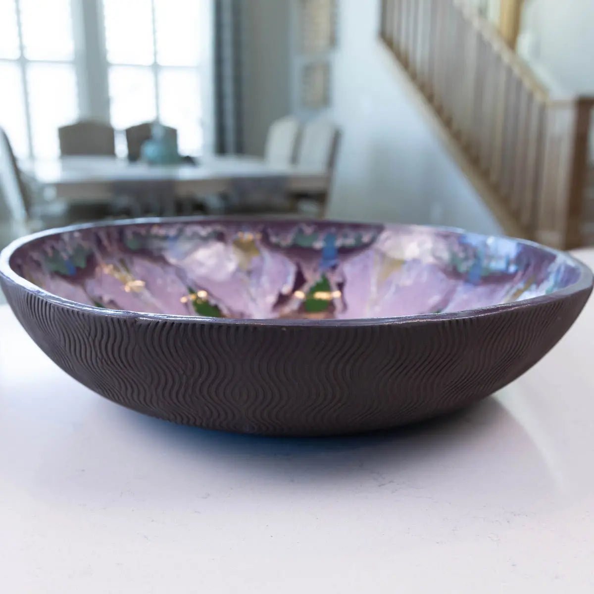 XXL Dark Chocolate Stoneware Serving/Decorative Bowl - Purple Floral Design (Alchemy Collection) - Dan Pearce Ceramics