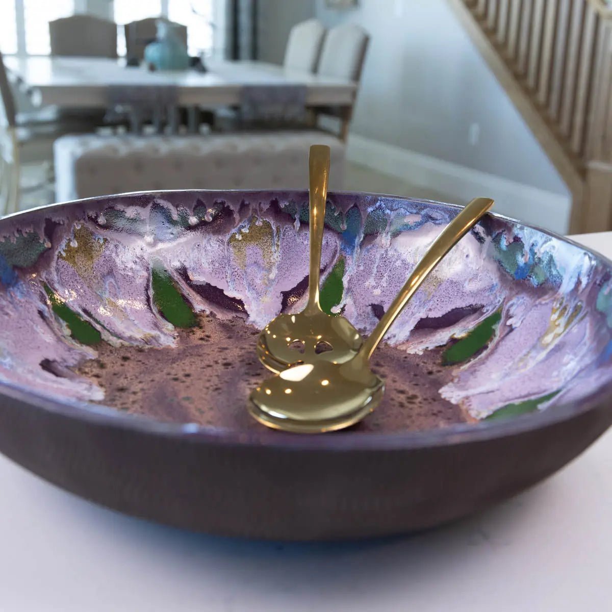 XXL Dark Chocolate Stoneware Serving/Decorative Bowl - Purple Floral Design (Alchemy Collection) - Dan Pearce Ceramics