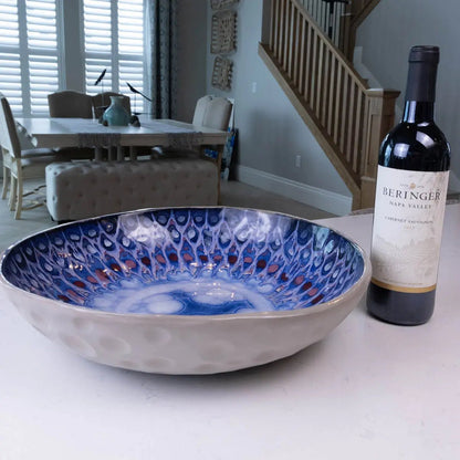 XXL Gray Stoneware Serving/Decorative Bowl - Blues, Roses, & Whites (Alchemy Collection) - Seconds - Dan Pearce Ceramics