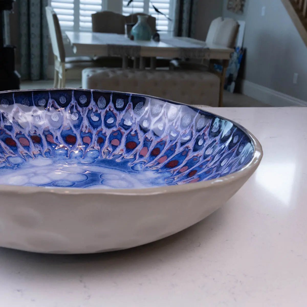 XXL Gray Stoneware Serving/Decorative Bowl - Blues, Roses, & Whites (Alchemy Collection) - Seconds - Dan Pearce Ceramics