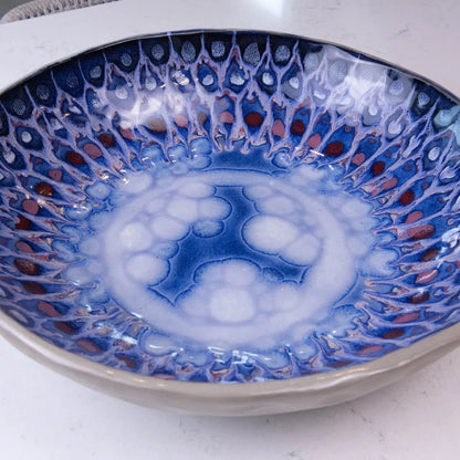 XXL Gray Stoneware Serving/Decorative Bowl - Blues, Roses, & Whites (Alchemy Collection) - Seconds - Dan Pearce Ceramics