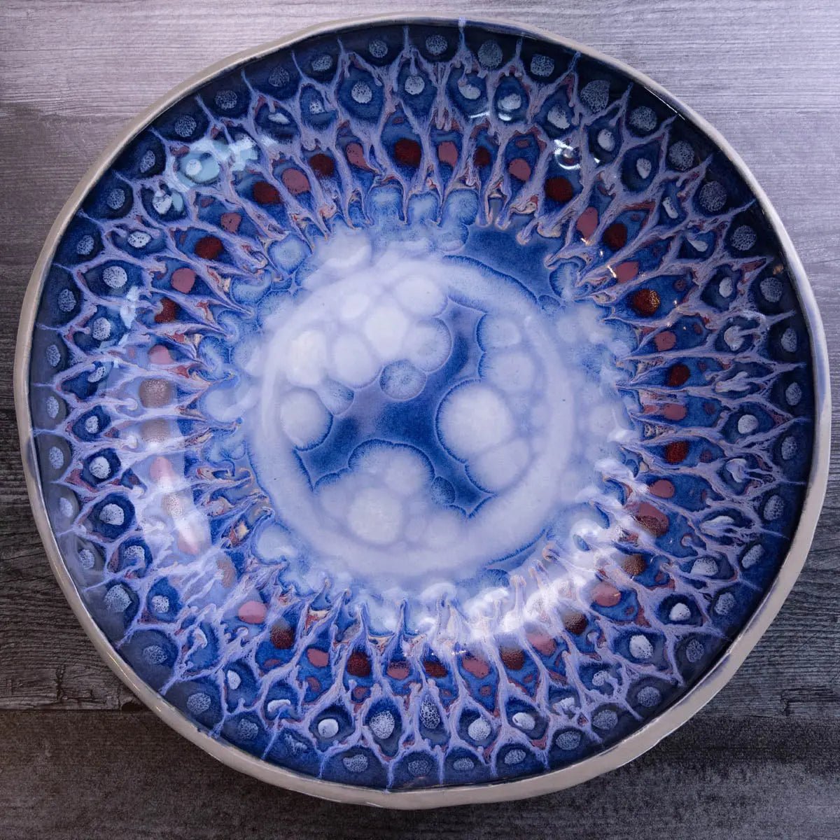 XXL Gray Stoneware Serving/Decorative Bowl - Blues, Roses, & Whites (Alchemy Collection) - Seconds - Dan Pearce Ceramics