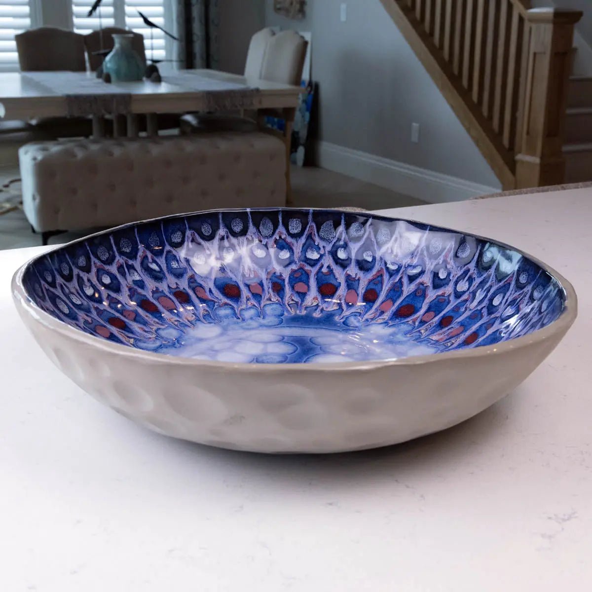 XXL Gray Stoneware Serving/Decorative Bowl - Blues, Roses, & Whites (Alchemy Collection) - Seconds - Dan Pearce Ceramics