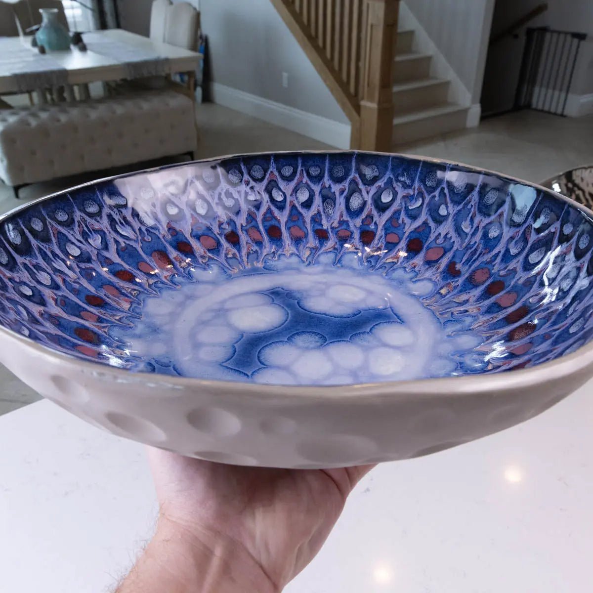 XXL Gray Stoneware Serving/Decorative Bowl - Blues, Roses, & Whites (Alchemy Collection) - Seconds - Dan Pearce Ceramics