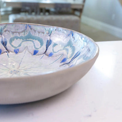 XXL Gray Stoneware Serving/Decorative Bowl - Greens, Blues, & Creams with Floral Center (Alchemy Collection) - Dan Pearce Ceramics