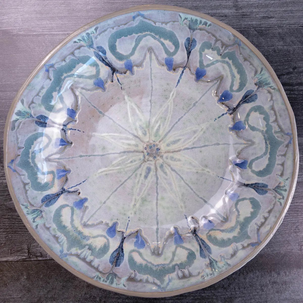 XXL Gray Stoneware Serving/Decorative Bowl - Greens, Blues, & Creams with Floral Center (Alchemy Collection) - Dan Pearce Ceramics