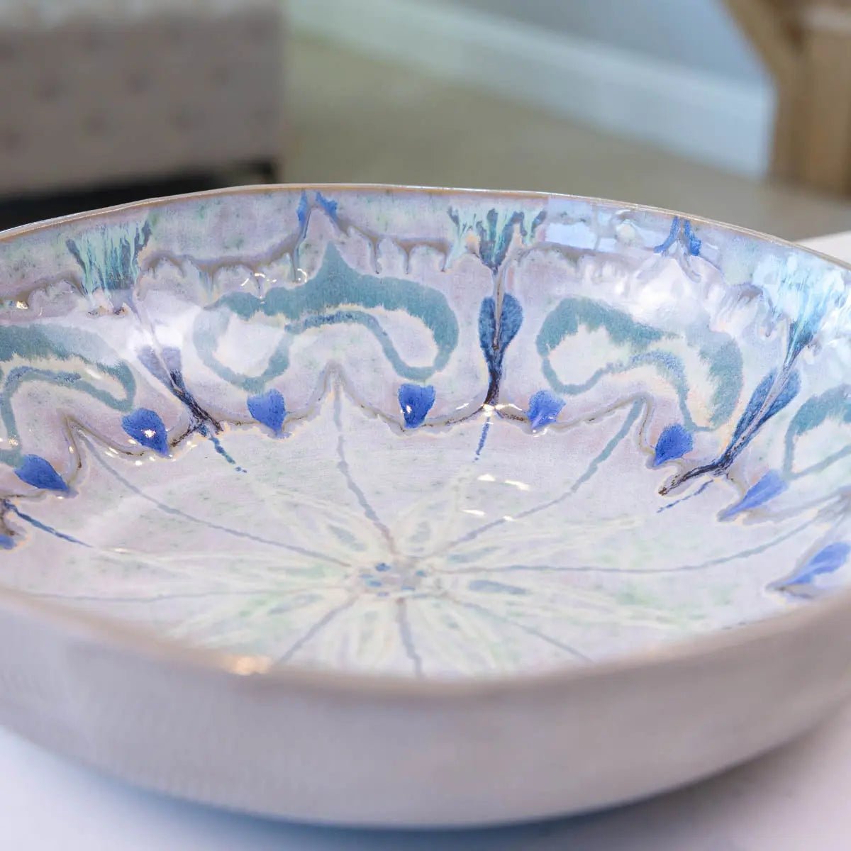 XXL Gray Stoneware Serving/Decorative Bowl - Greens, Blues, & Creams with Floral Center (Alchemy Collection) - Dan Pearce Ceramics