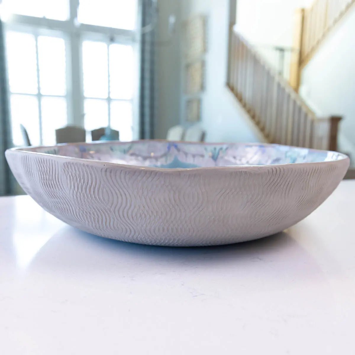 XXL Gray Stoneware Serving/Decorative Bowl - Greens, Blues, & Creams with Floral Center (Alchemy Collection) - Dan Pearce Ceramics