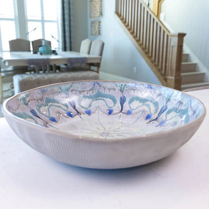 XXL Gray Stoneware Serving/Decorative Bowl - Greens, Blues, & Creams with Floral Center (Alchemy Collection) - Dan Pearce Ceramics