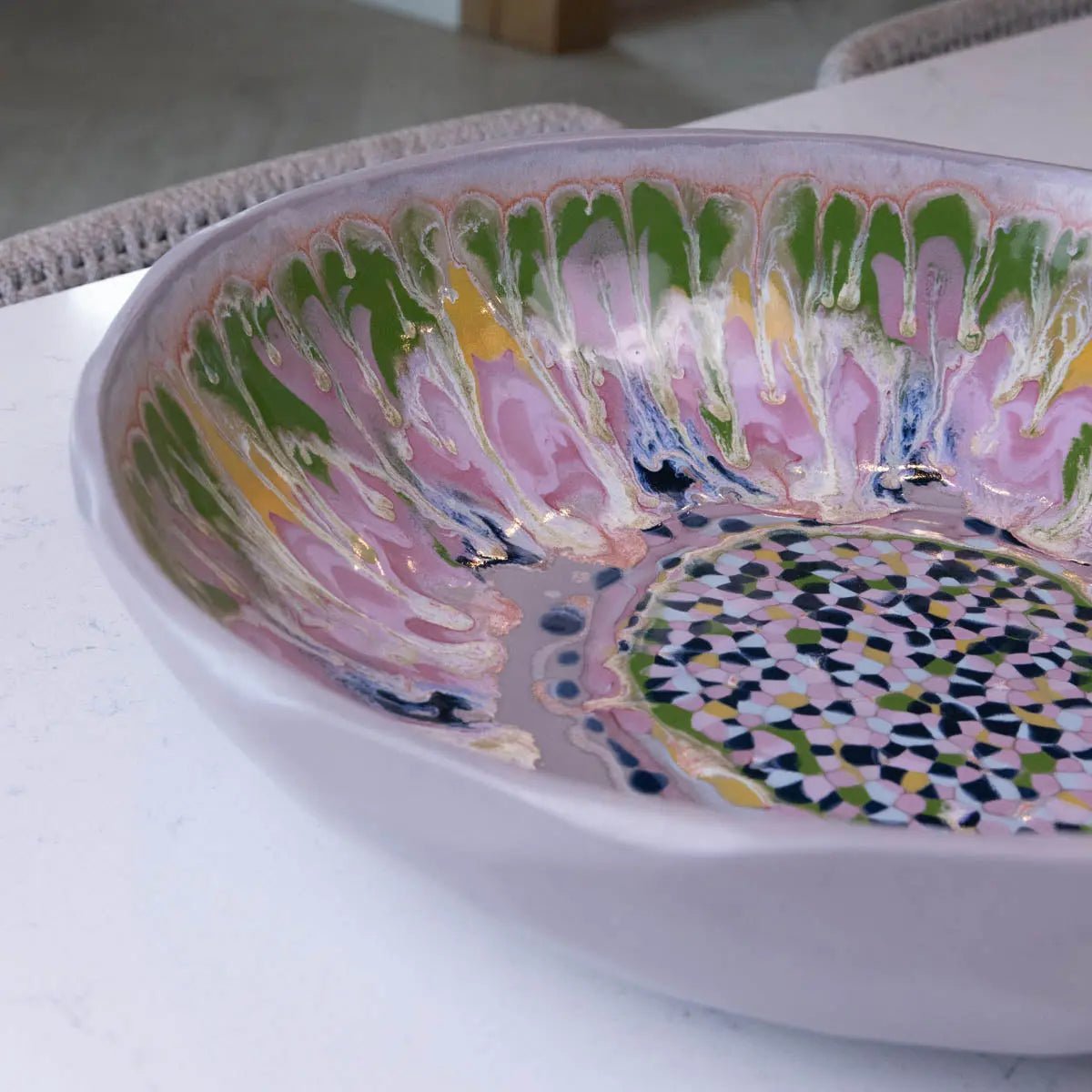 XXL Gray Stoneware Serving/Decorative Bowl - Pinks, Greens, Yellows, & Blues with Mosaic Bottom (Alchemy Collection) - Dan Pearce Ceramics