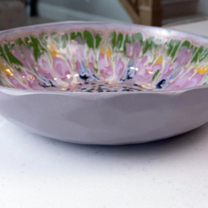 XXL Gray Stoneware Serving/Decorative Bowl - Pinks, Greens, Yellows, & Blues with Mosaic Bottom (Alchemy Collection) - Dan Pearce Ceramics