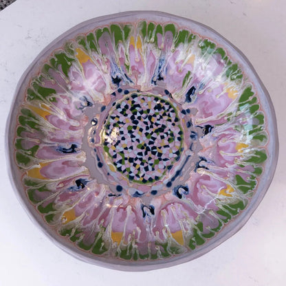 XXL Gray Stoneware Serving/Decorative Bowl - Pinks, Greens, Yellows, & Blues with Mosaic Bottom (Alchemy Collection) - Dan Pearce Ceramics