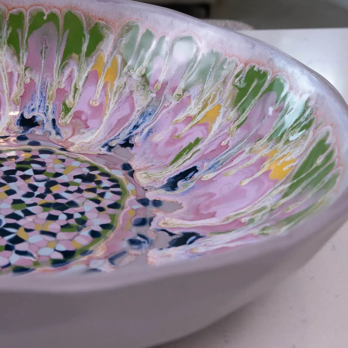 XXL Gray Stoneware Serving/Decorative Bowl - Pinks, Greens, Yellows, & Blues with Mosaic Bottom (Alchemy Collection) - Dan Pearce Ceramics