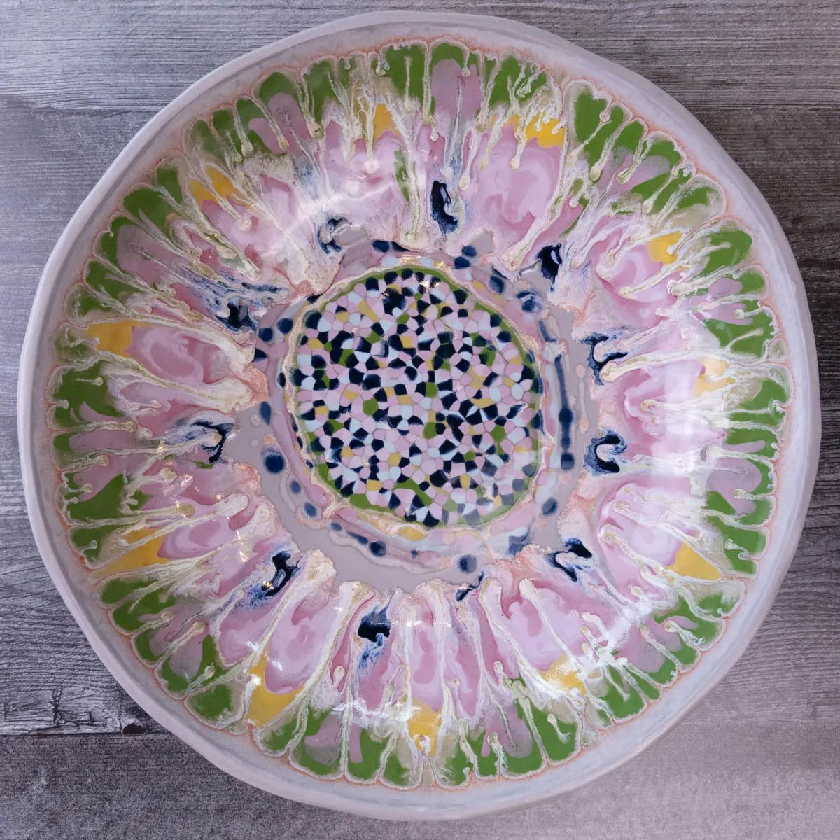 XXL Gray Stoneware Serving/Decorative Bowl - Pinks, Greens, Yellows, & Blues with Mosaic Bottom (Alchemy Collection) - Dan Pearce Ceramics