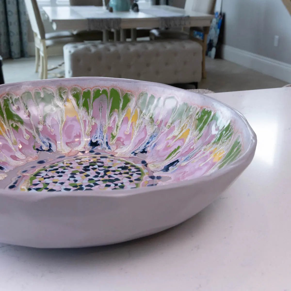 XXL Gray Stoneware Serving/Decorative Bowl - Pinks, Greens, Yellows, & Blues with Mosaic Bottom (Alchemy Collection) - Dan Pearce Ceramics