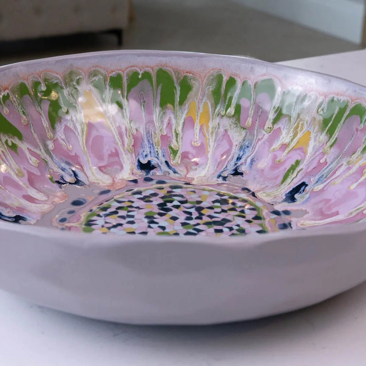 XXL Gray Stoneware Serving/Decorative Bowl - Pinks, Greens, Yellows, & Blues with Mosaic Bottom (Alchemy Collection) - Dan Pearce Ceramics