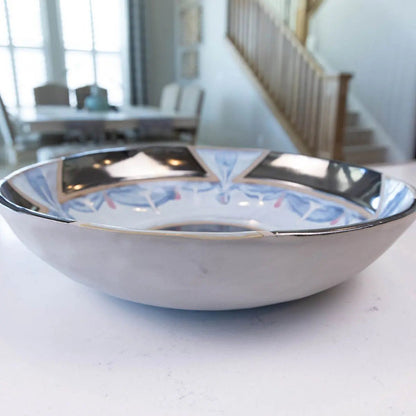 XXL Gray Stoneware Serving/Decorative Bowl - Reflective Surface with Blues, Creams, & Purples (Alchemy Collection) - Dan Pearce Ceramics