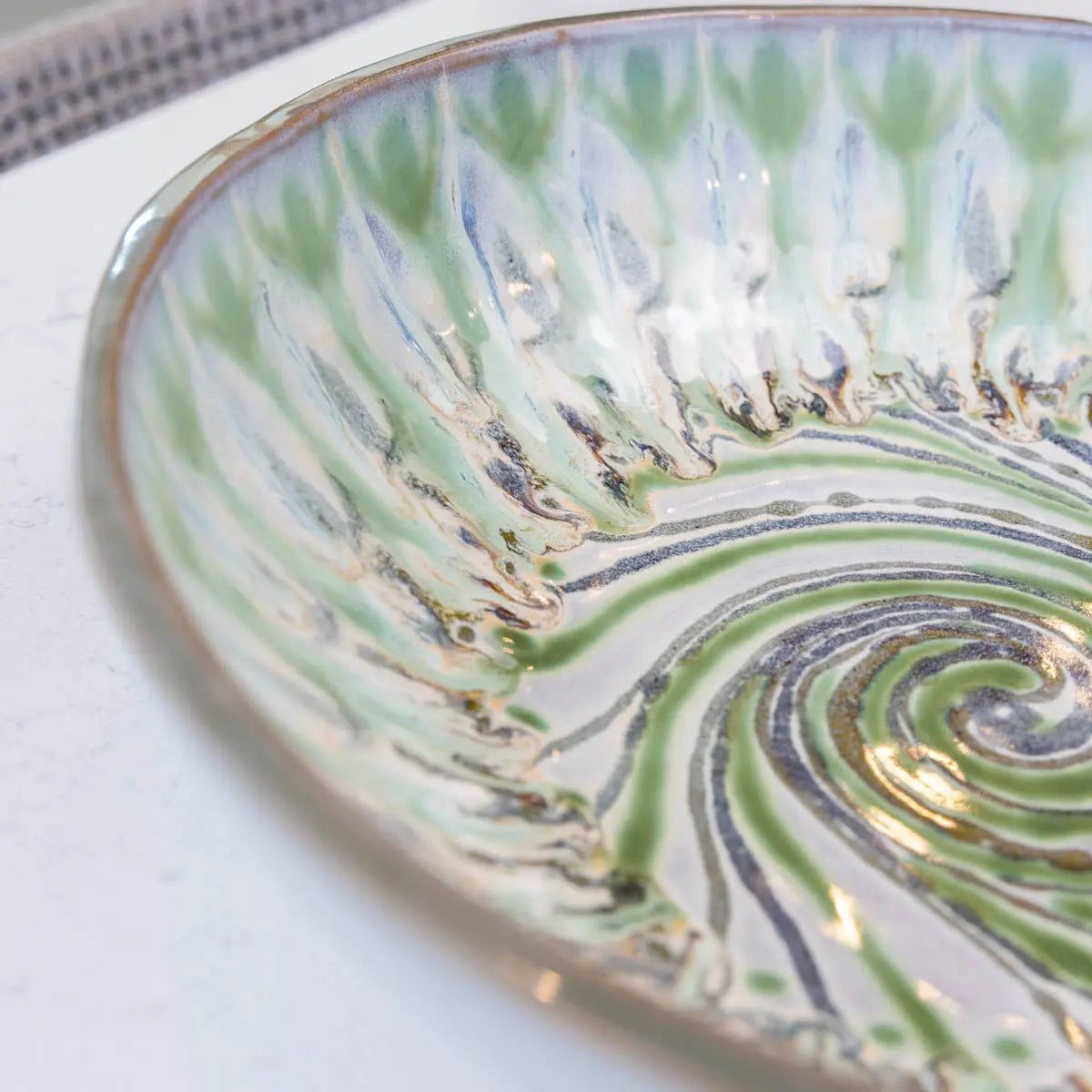 XXL Gray Stoneware Serving/Decorative Bowl Swirl & Greens (Alchemy Collection) - Dan Pearce Ceramics