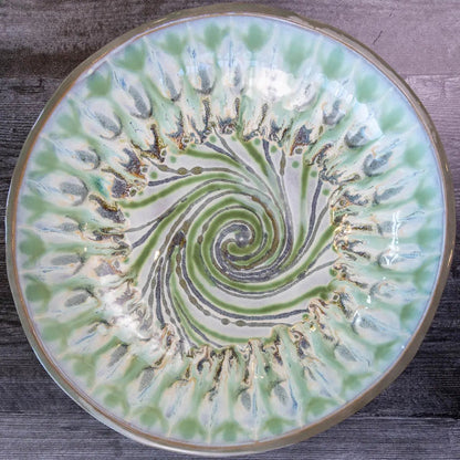 XXL Gray Stoneware Serving/Decorative Bowl Swirl & Greens (Alchemy Collection) - Dan Pearce Ceramics