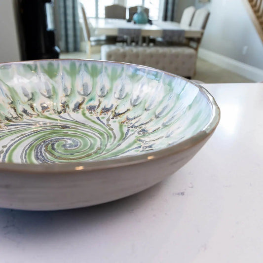 XXL Gray Stoneware Serving/Decorative Bowl Swirl & Greens (Alchemy Collection) - Dan Pearce Ceramics