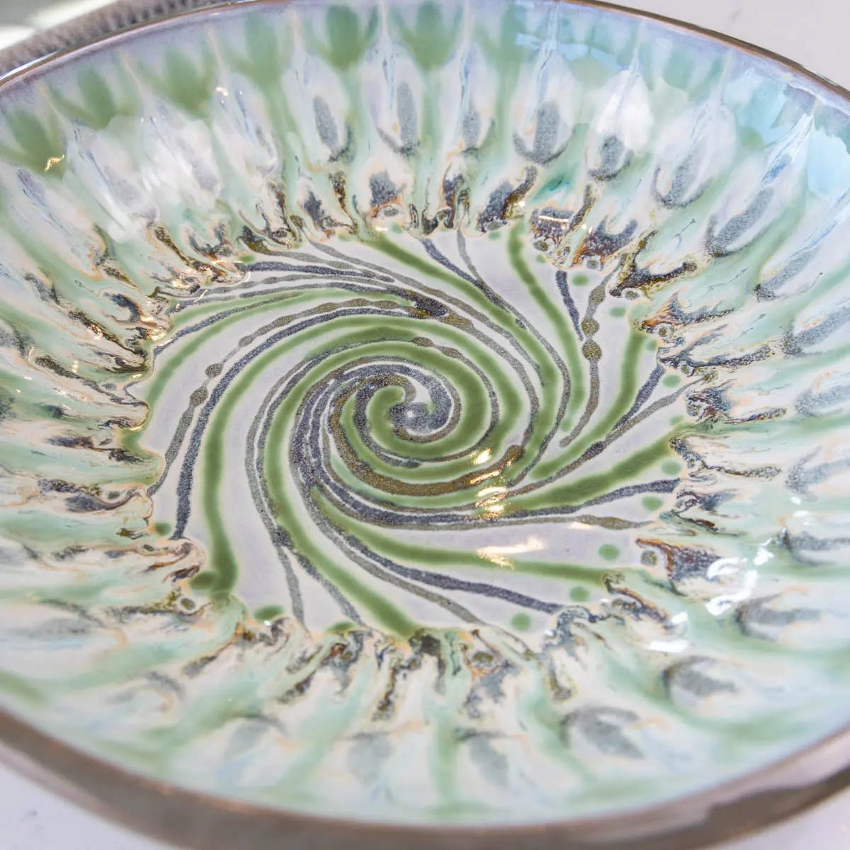 XXL Gray Stoneware Serving/Decorative Bowl Swirl & Greens (Alchemy Collection) - Dan Pearce Ceramics