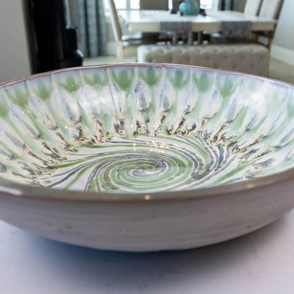 XXL Gray Stoneware Serving/Decorative Bowl Swirl & Greens (Alchemy Collection) - Dan Pearce Ceramics