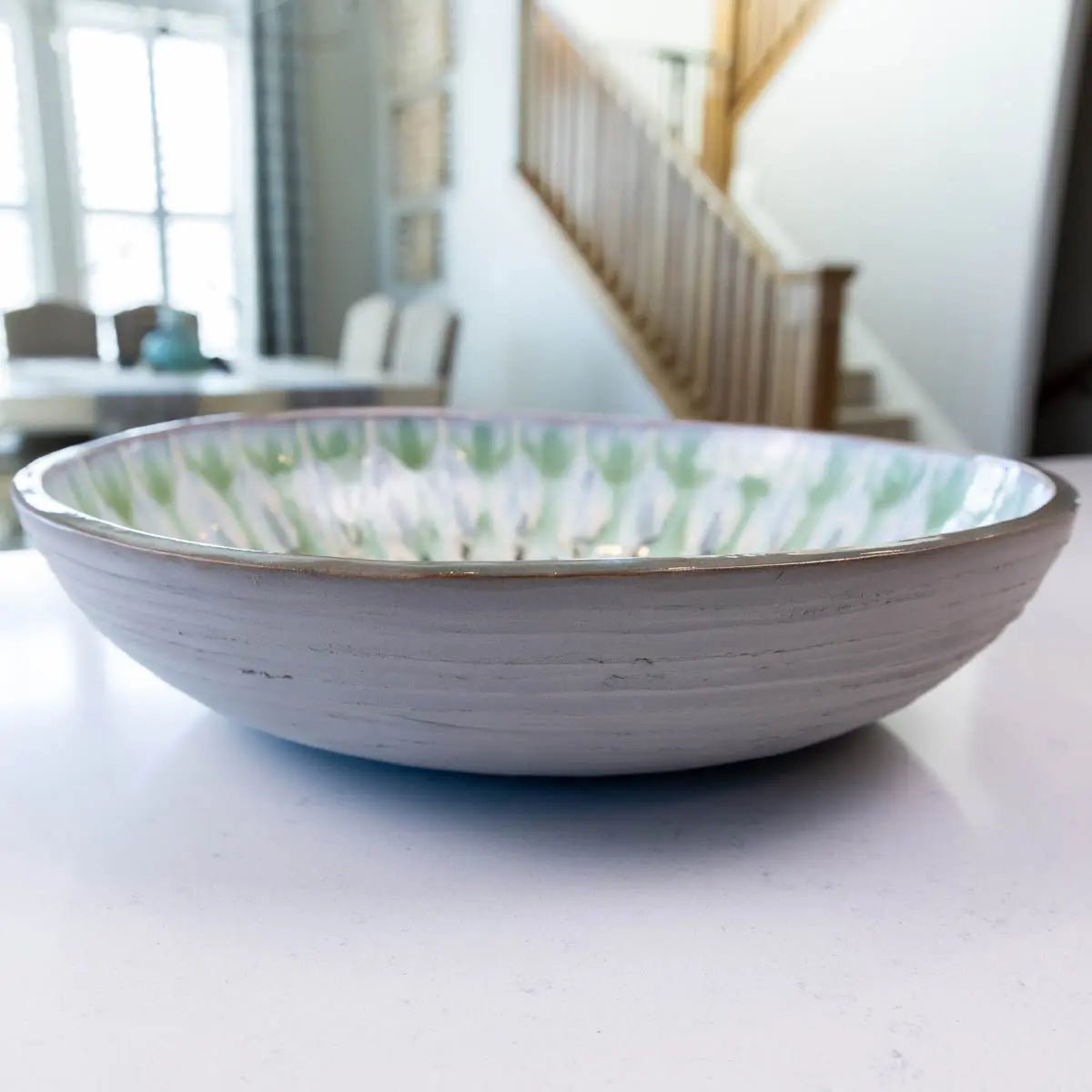 XXL Gray Stoneware Serving/Decorative Bowl Swirl & Greens (Alchemy Collection) - Dan Pearce Ceramics