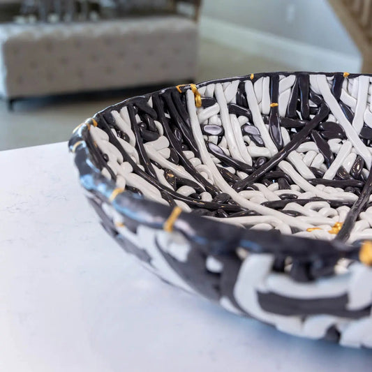 XXL Kintsugi Black & White Porcelain Interlacing Coil Decorative Bowl (Alchemy Collection) - Dan Pearce Ceramics