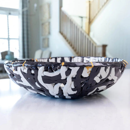 XXL Kintsugi Black & White Porcelain Interlacing Coil Decorative Bowl (Alchemy Collection) - Dan Pearce Ceramics