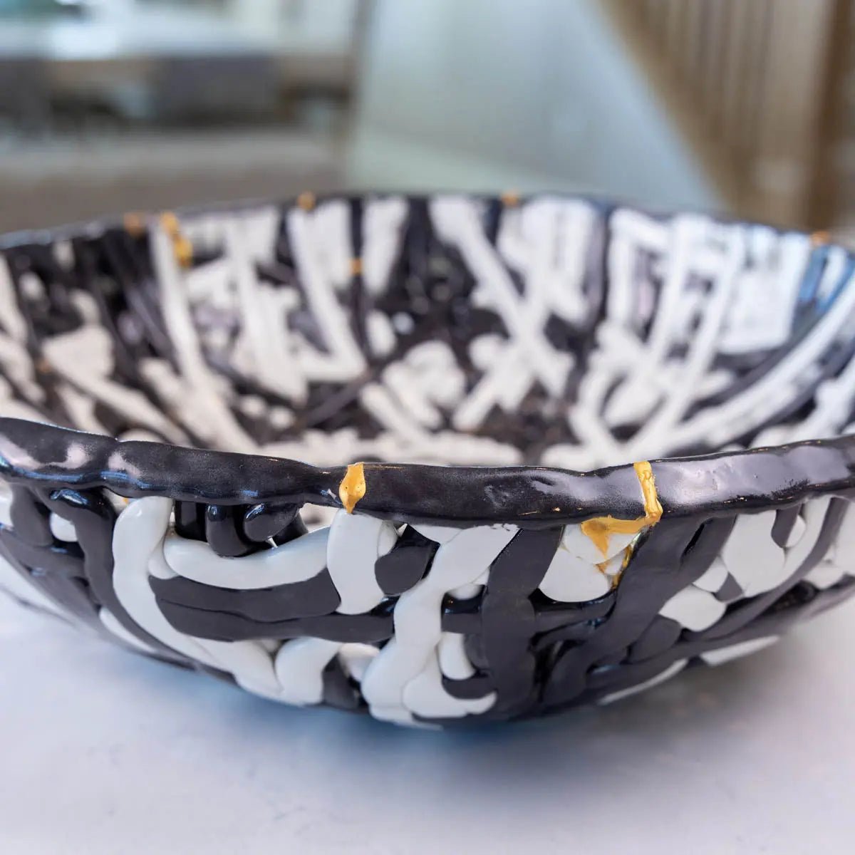 XXL Kintsugi Black & White Porcelain Interlacing Coil Decorative Bowl (Alchemy Collection) - Dan Pearce Ceramics